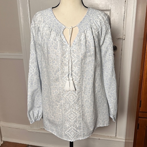 Joie Linen Blend Embroidered Peasant Top Tassels Smocked Neck Flowy Preppy Beach - Picture 17 of 17